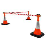 3 Skipper Orange Retractable Tape Barriers - Red and White Tape on Standard Traffic Cones