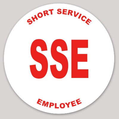 Short Service Employee Hard Hat Sticker _ SSE ( Red On White )