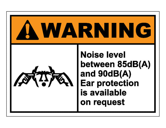 Warning Noise Level Between 85dB A And 90dB A Ear Protection Is Available On Request Sign